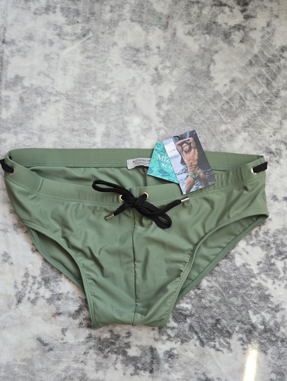 Men's Olive Green Swim Trunks with Black Drawstring